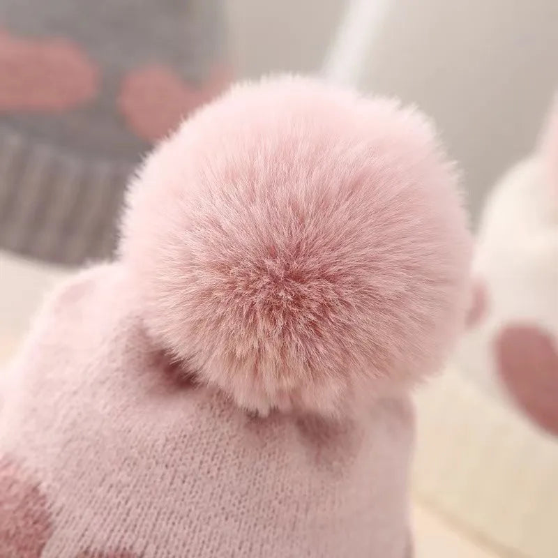 Fur Pompom Baby Heart Printed Hat