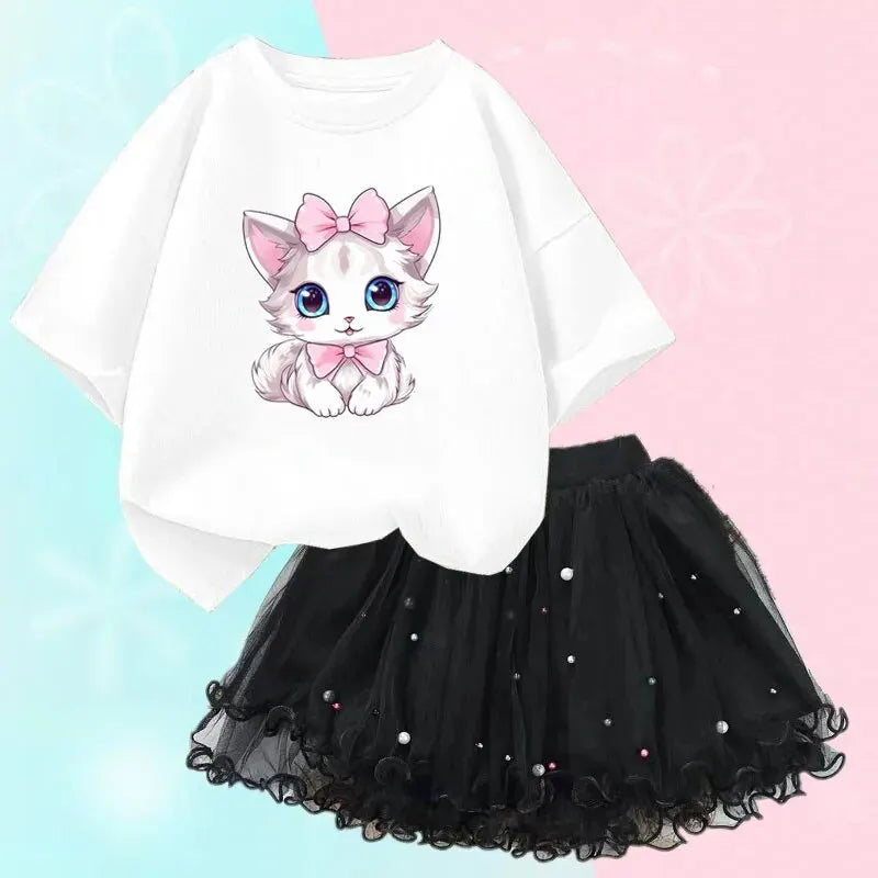 Cute Summer Girls Outfits Cartoon Cat T-shirt