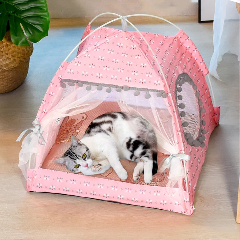 Floral Cat Tent Bed – Semi-Enclosed Velvet Pet Nest