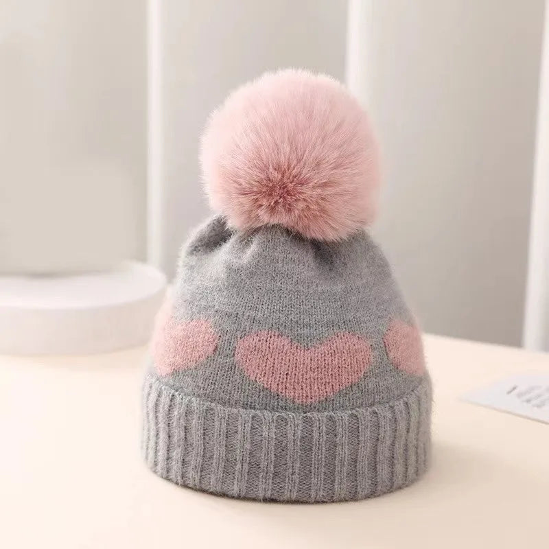 Fur Pompom Baby Heart Printed Hat