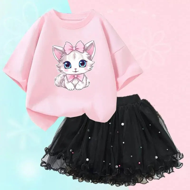 Cute Summer Girls Outfits Cartoon Cat T-shirt