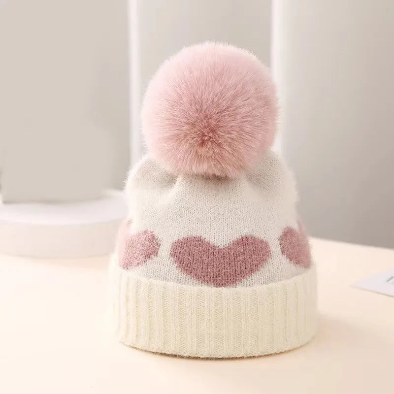 Fur Pompom Baby Heart Printed Hat