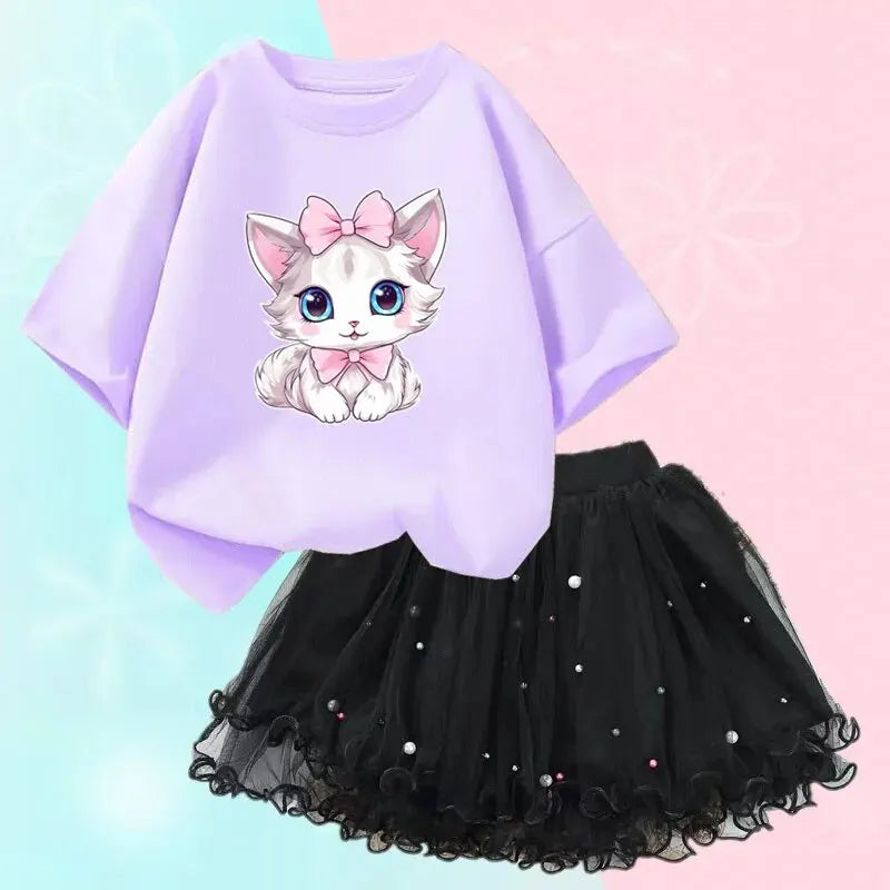 Cute Summer Girls Outfits Cartoon Cat T-shirt