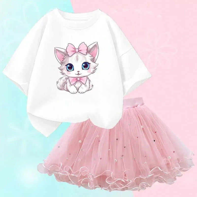 Cute Summer Girls Outfits Cartoon Cat T-shirt