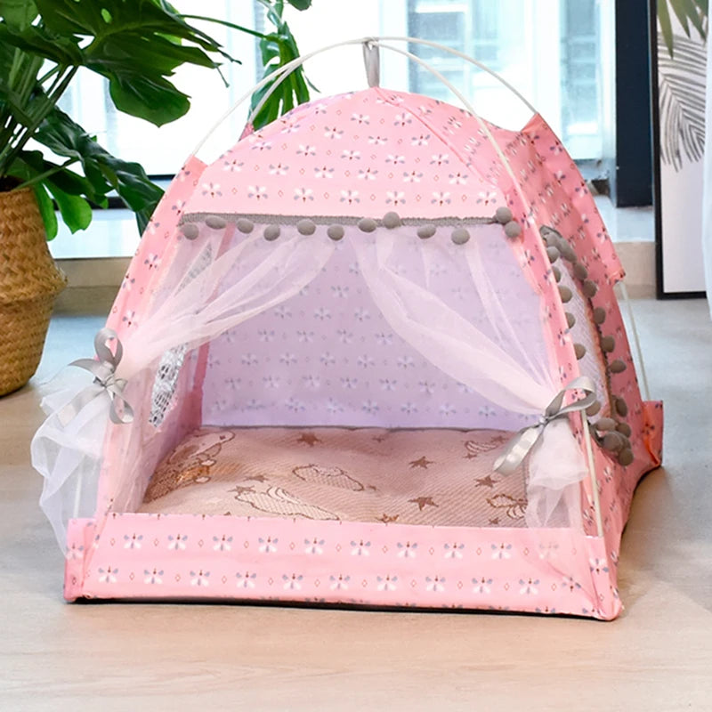 Floral Cat Tent Bed – Semi-Enclosed Velvet Pet Nest