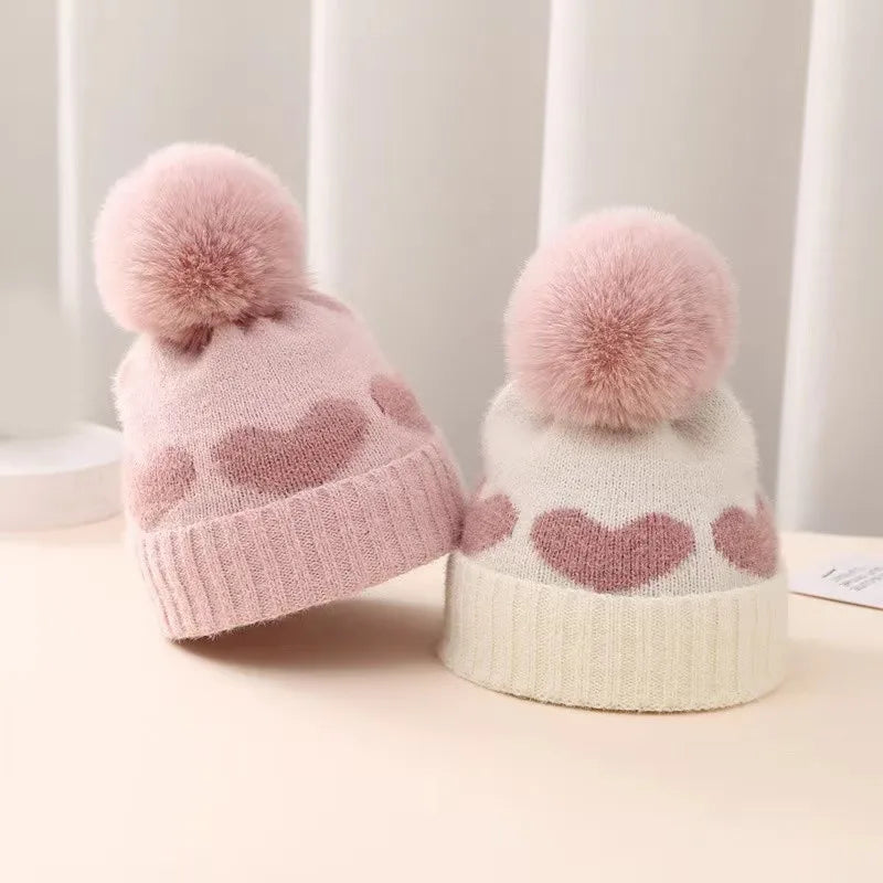 Fur Pompom Baby Heart Printed Hat