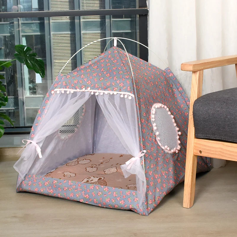 Floral Cat Tent Bed – Semi-Enclosed Velvet Pet Nest