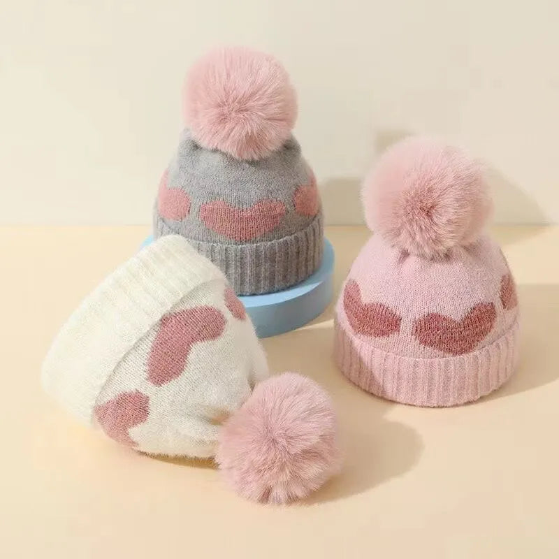 Fur Pompom Baby Heart Printed Hat