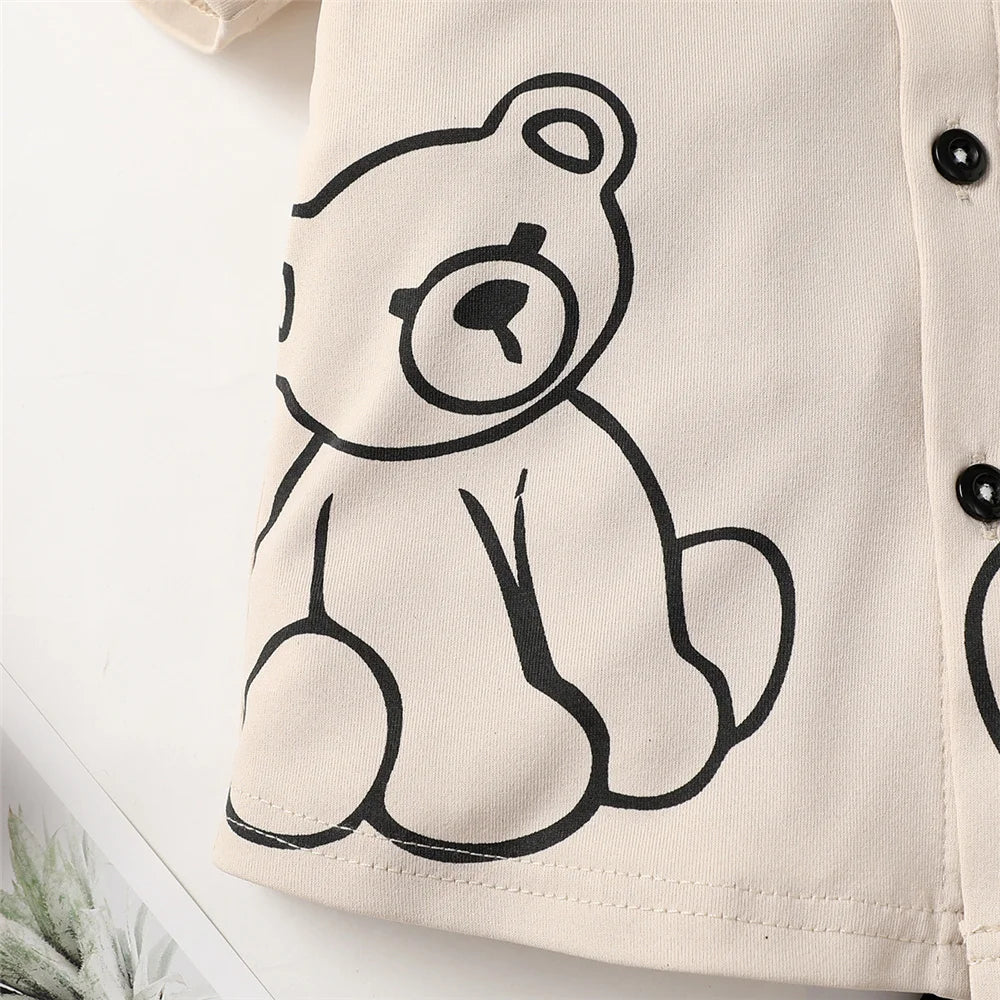 Child Boy Clothes Set Bear Print Button Style Short Sleeve