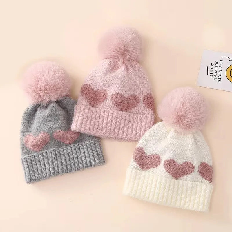 Fur Pompom Baby Heart Printed Hat