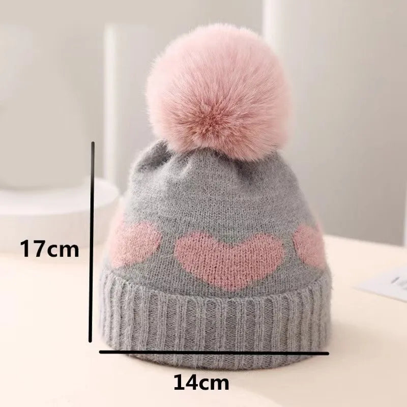 Fur Pompom Baby Heart Printed Hat