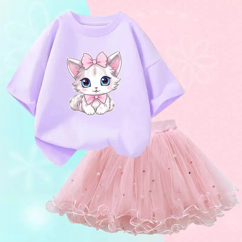 Cute Summer Girls Outfits Cartoon Cat T-shirt