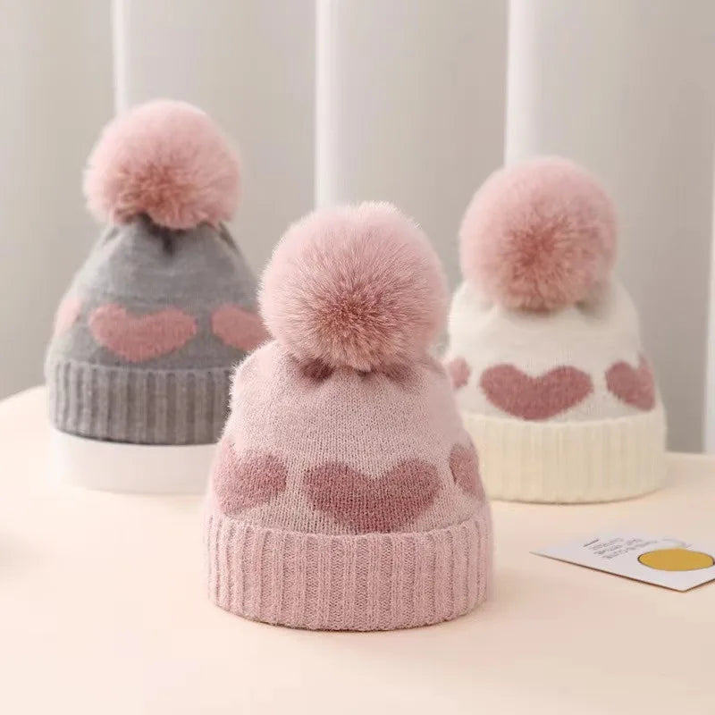 Fur Pompom Baby Heart Printed Hat