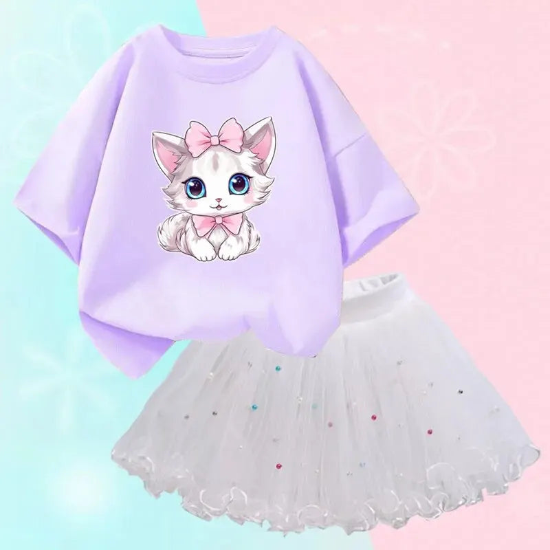 Cute Summer Girls Outfits Cartoon Cat T-shirt