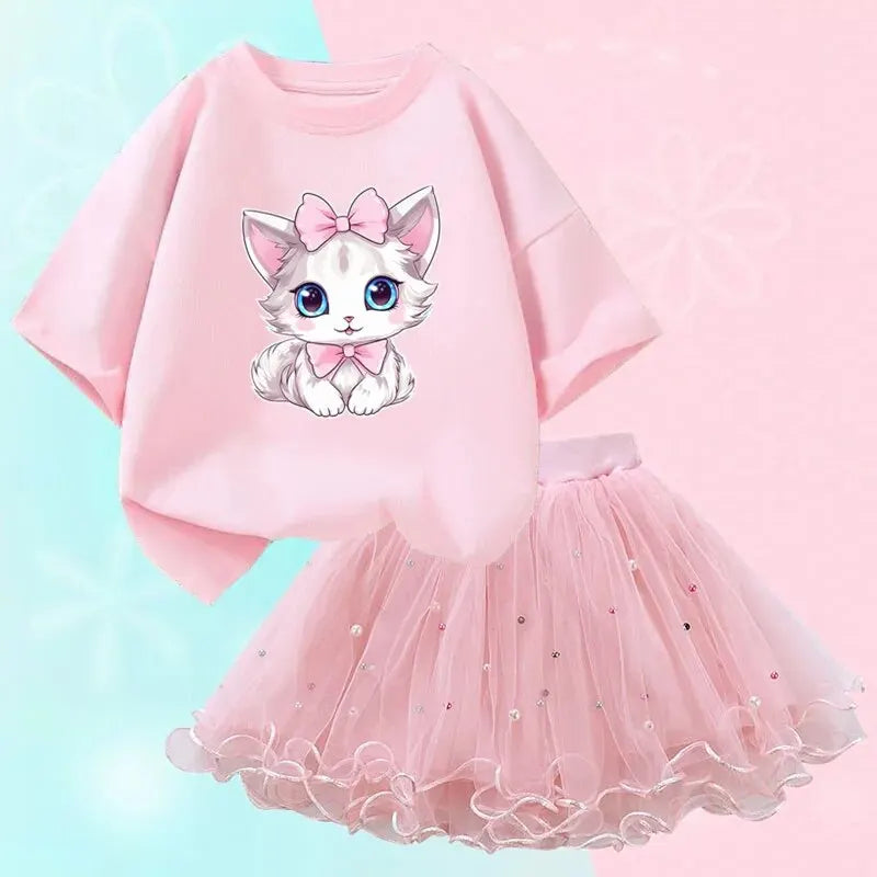 Cute Summer Girls Outfits Cartoon Cat T-shirt