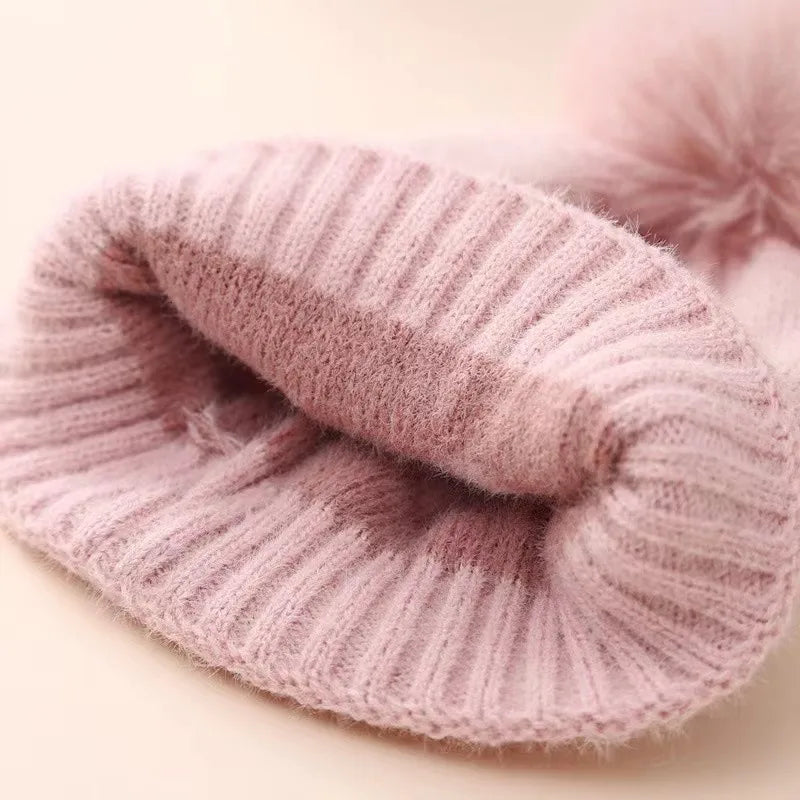 Fur Pompom Baby Heart Printed Hat