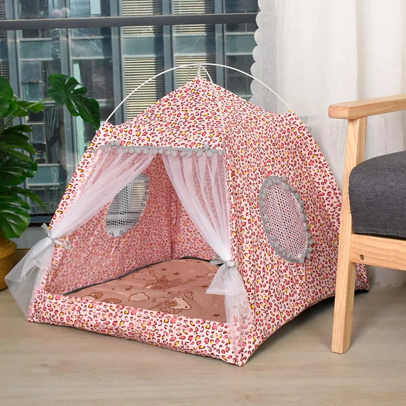 Floral Cat Tent Bed – Semi-Enclosed Velvet Pet Nest