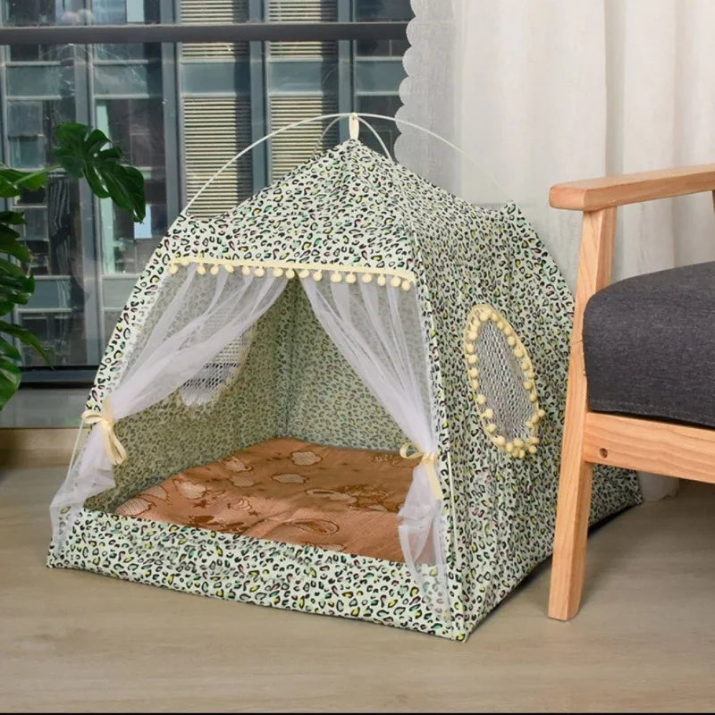 Floral Cat Tent Bed – Semi-Enclosed Velvet Pet Nest