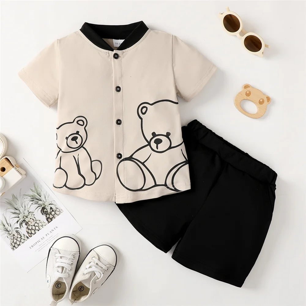 Child Boy Clothes Set Bear Print Button Style Short Sleeve