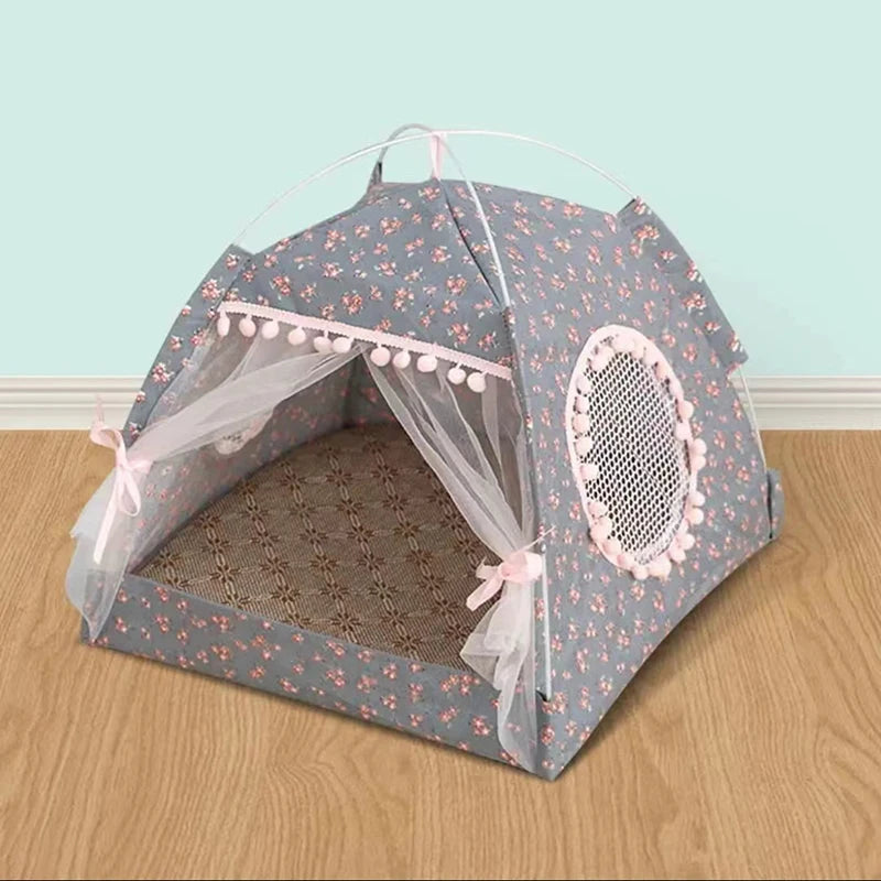 Floral Cat Tent Bed – Semi-Enclosed Velvet Pet Nest