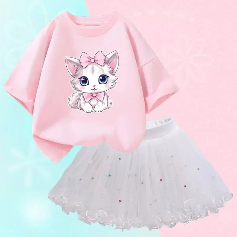 Cute Summer Girls Outfits Cartoon Cat T-shirt