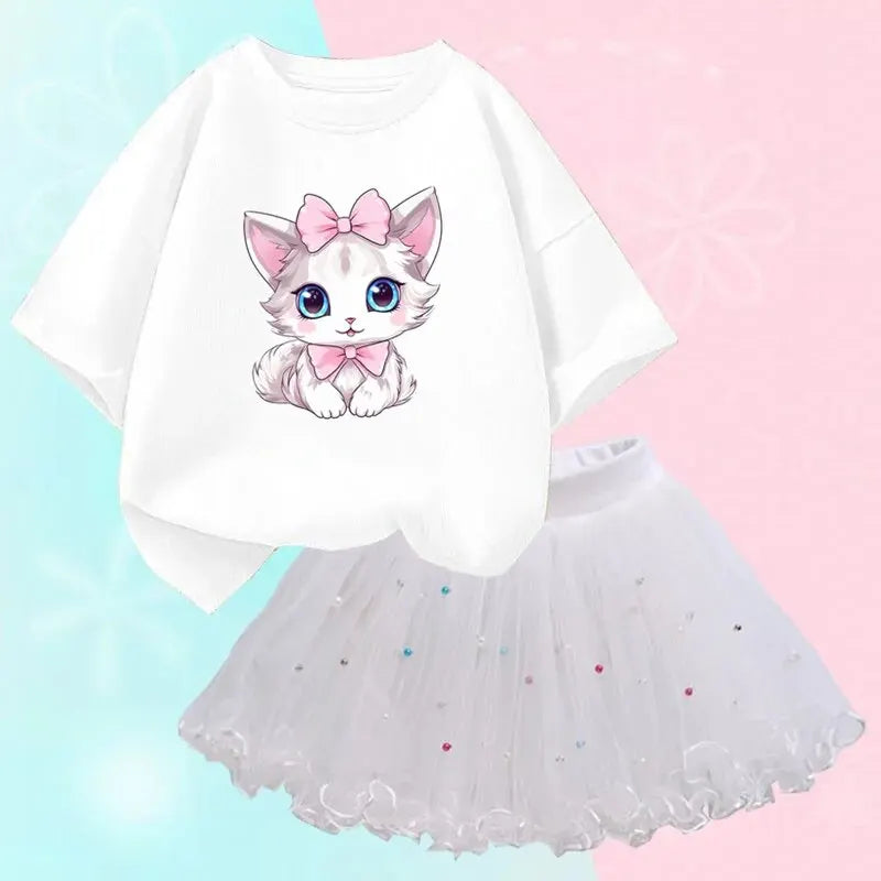 Cute Summer Girls Outfits Cartoon Cat T-shirt