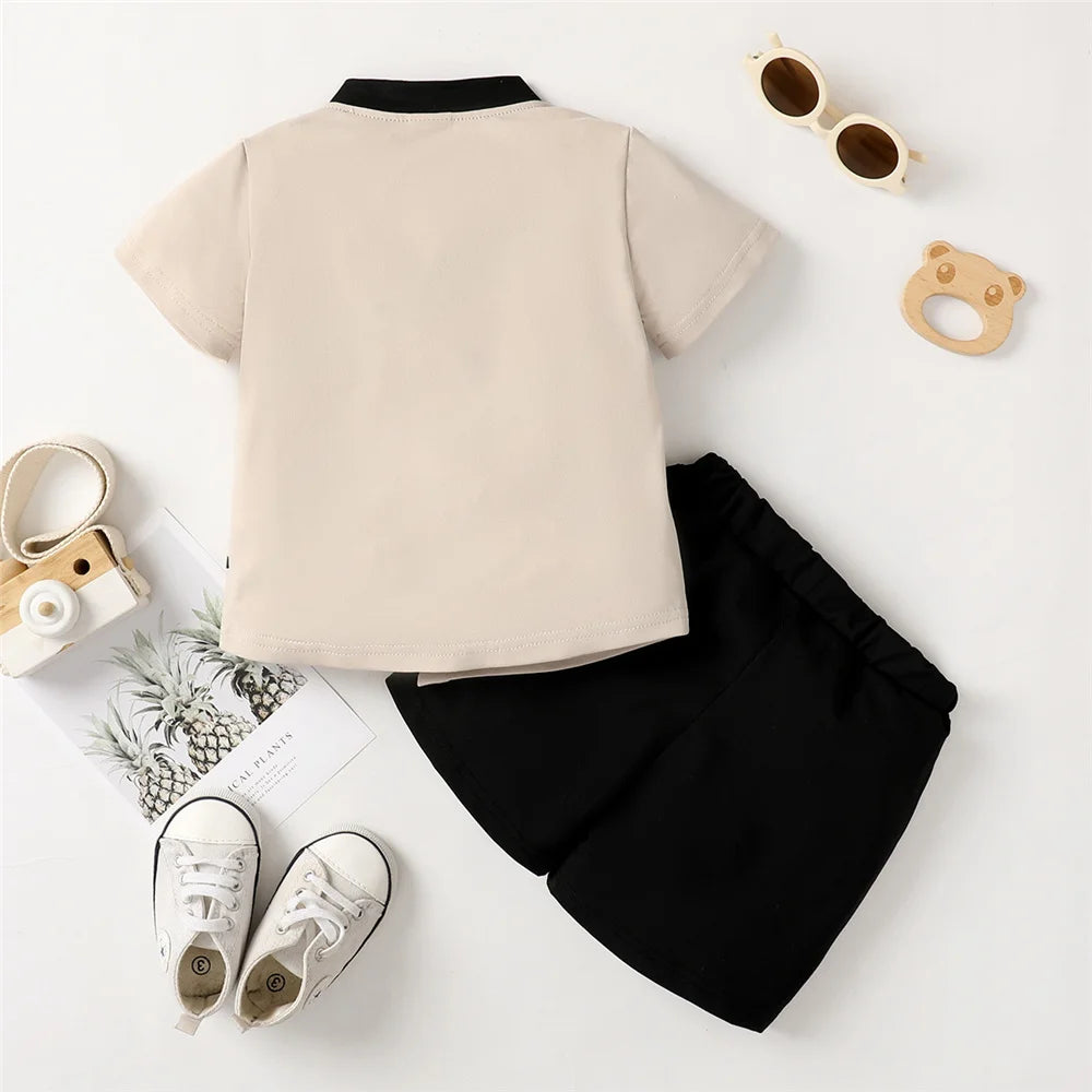 Child Boy Clothes Set Bear Print Button Style Short Sleeve