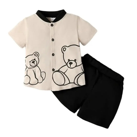 Child Boy Clothes Set Bear Print Button Style Short Sleeve