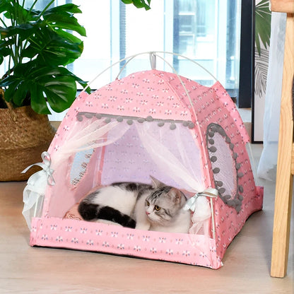 Floral Cat Tent Bed – Semi-Enclosed Velvet Pet Nest