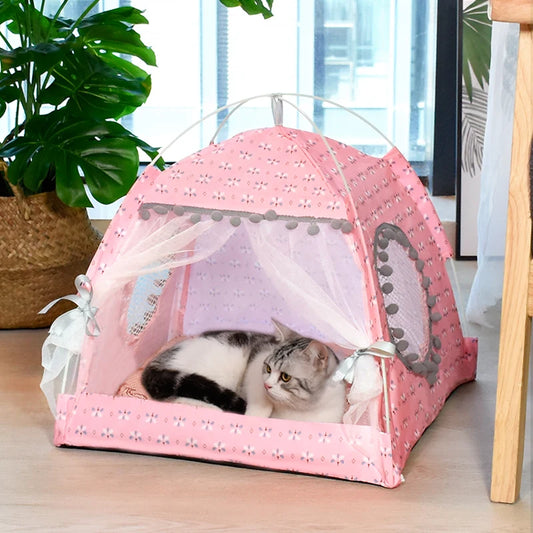 Floral Cat Tent Bed – Semi-Enclosed Velvet Pet Nest