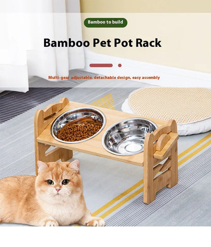 Elevated Pet Cat Dog Bamboo Bowls with Stand