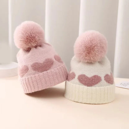 Fur Pompom Baby Heart Printed Hat