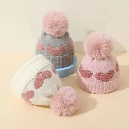 Fur Pompom Baby Heart Printed Hat