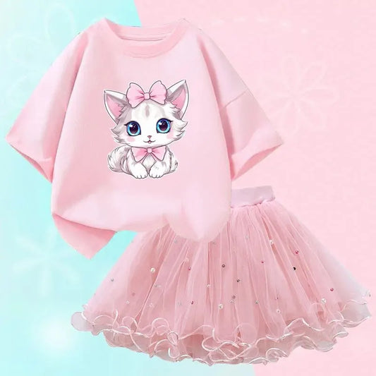 Cute Summer Girls Outfits Cartoon Cat T-shirt