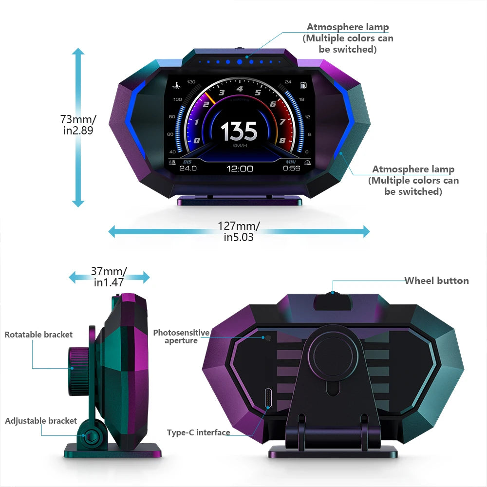 Digital Dashboard Head Up Display Real-Time Car Speedometer