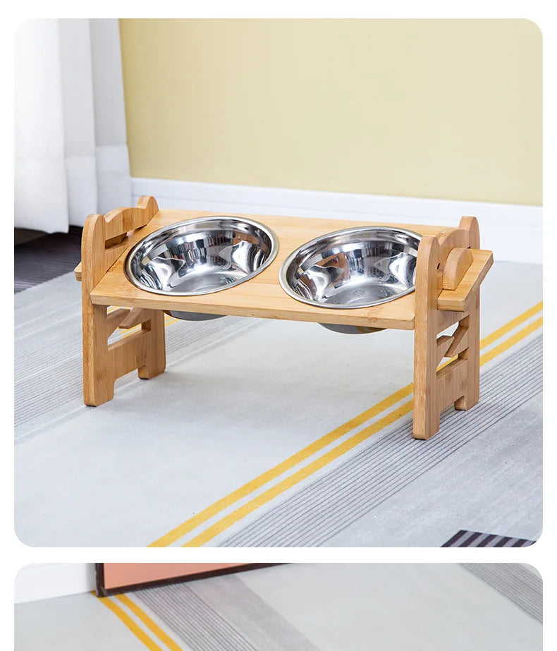 Elevated Pet Cat Dog Bamboo Bowls with Stand