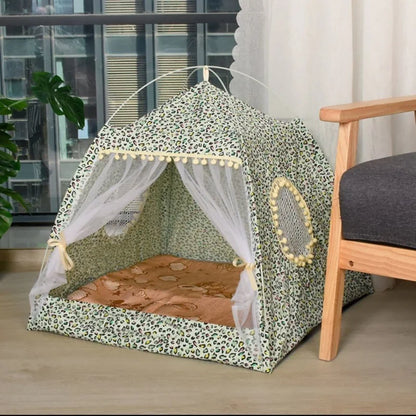Floral Cat Tent Bed – Semi-Enclosed Velvet Pet Nest