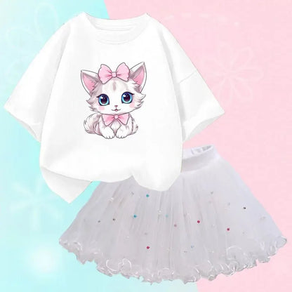 Cute Summer Girls Outfits Cartoon Cat T-shirt