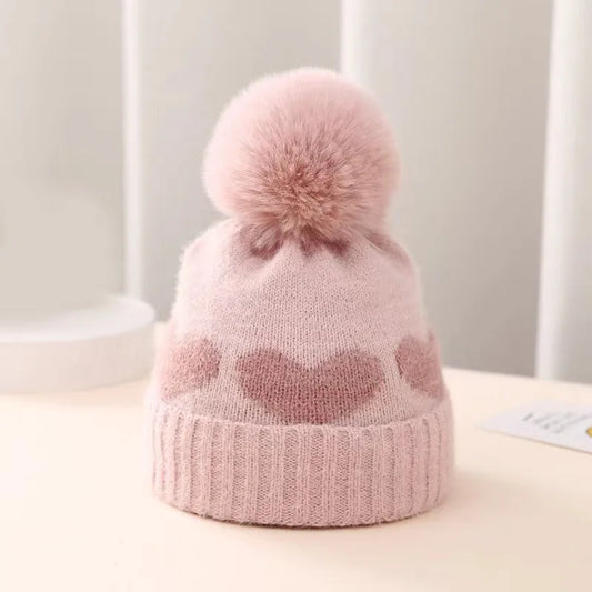 Fur Pompom Baby Heart Printed Hat