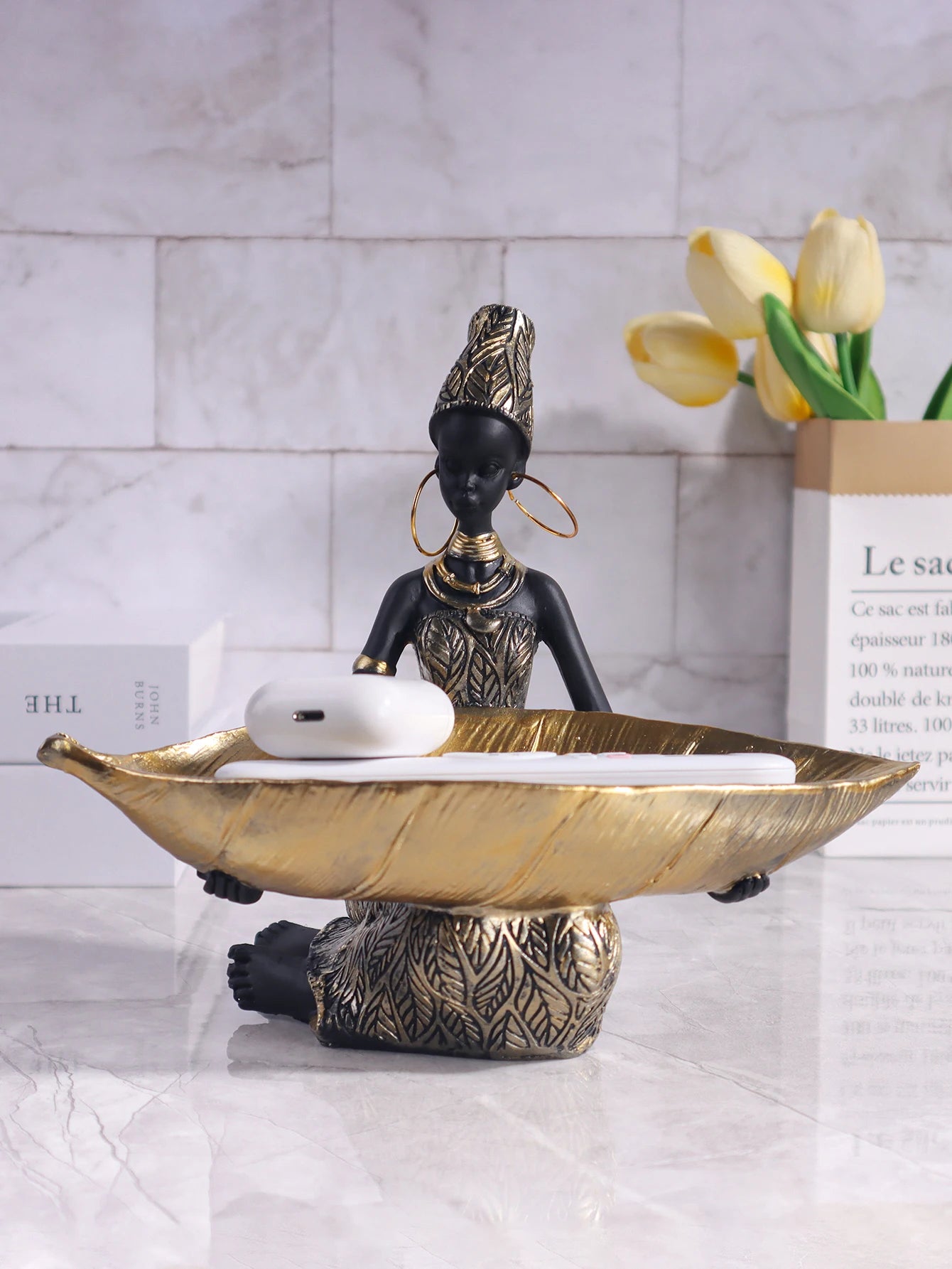African Girl Holding a Plate Decorative Storage Ornament